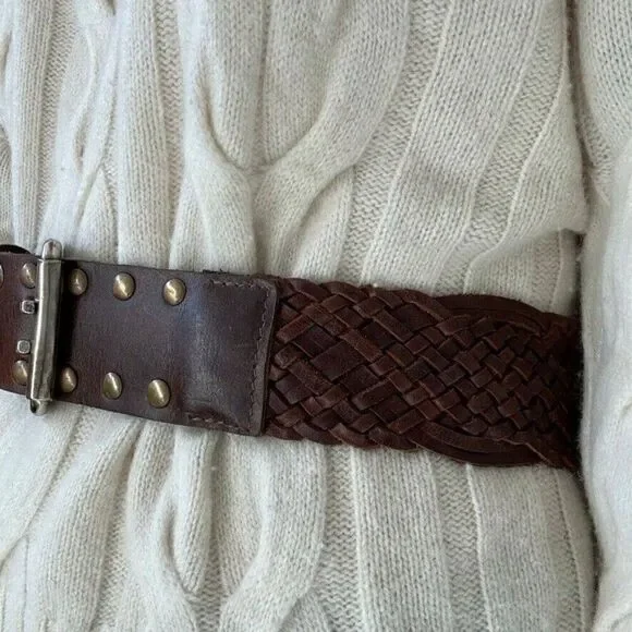 Vintage Womens Brown 100% Leather Studded Wide Hippie Waist Belt Sz M